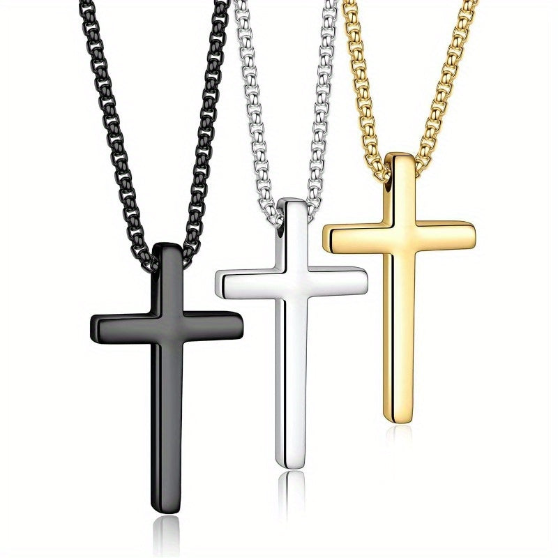 Cross Necklace - for Men 3Pcs Set Stainless Steel Pendant Chain Silver Black Gold Tone - product detail view 8