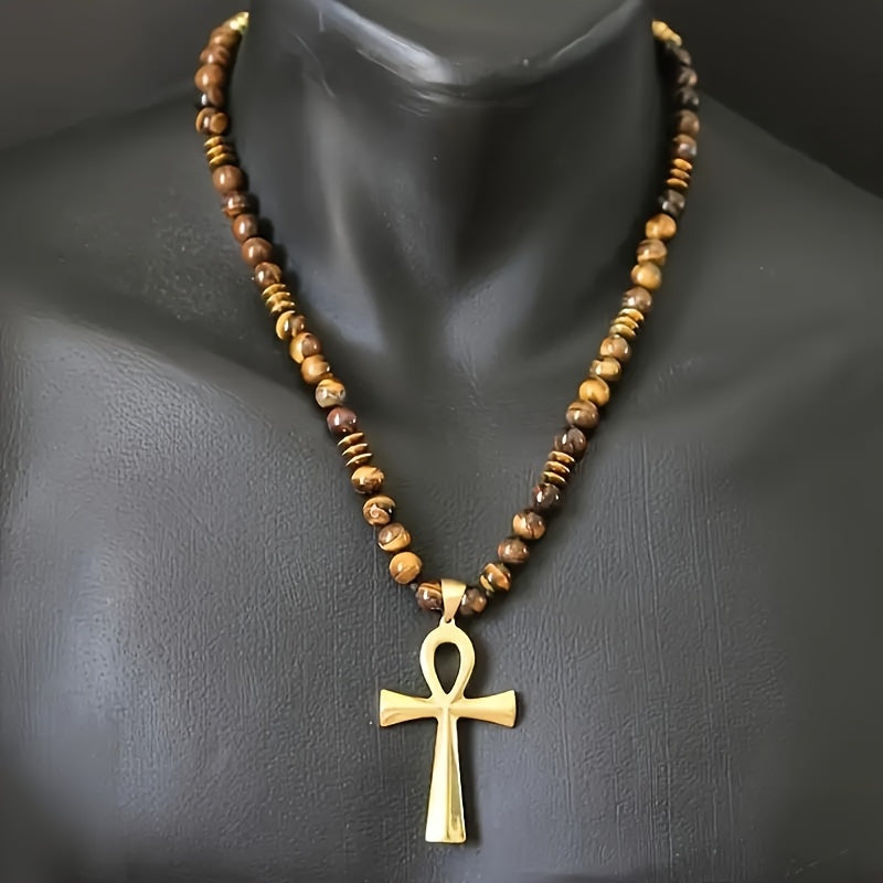 Cross Necklace - Ankh Natural Gemstone Beaded Macrame Adjustable in Black Onyx & Tiger's - product detail view 8