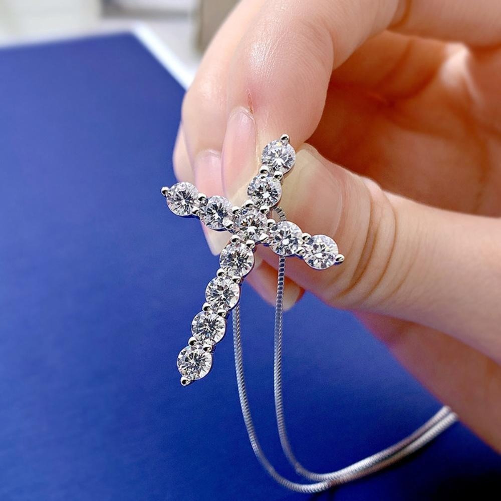 Cross Necklace - Moissanite 925 Sterling Silver 11ct, Sparkling Diamond Alternative Pendant - product detail view 8