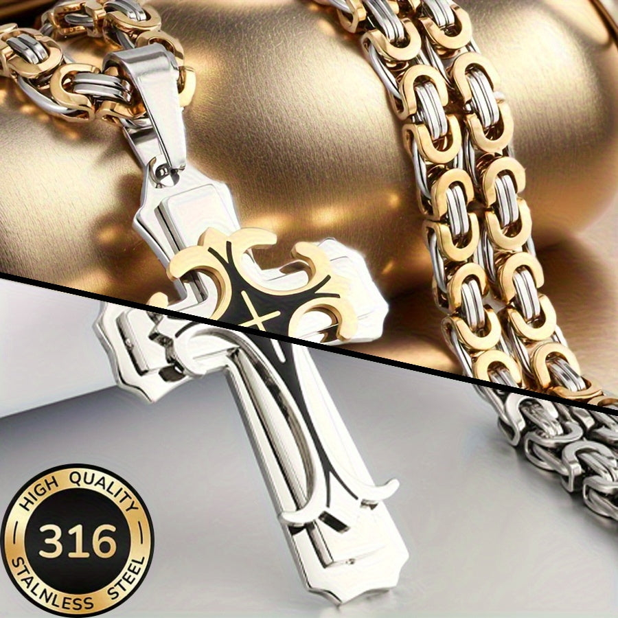Cross Necklace - Pendant 316L Stainless Steel Two-Tone Silver Gold Hypoallergenic Double - product detail view 12