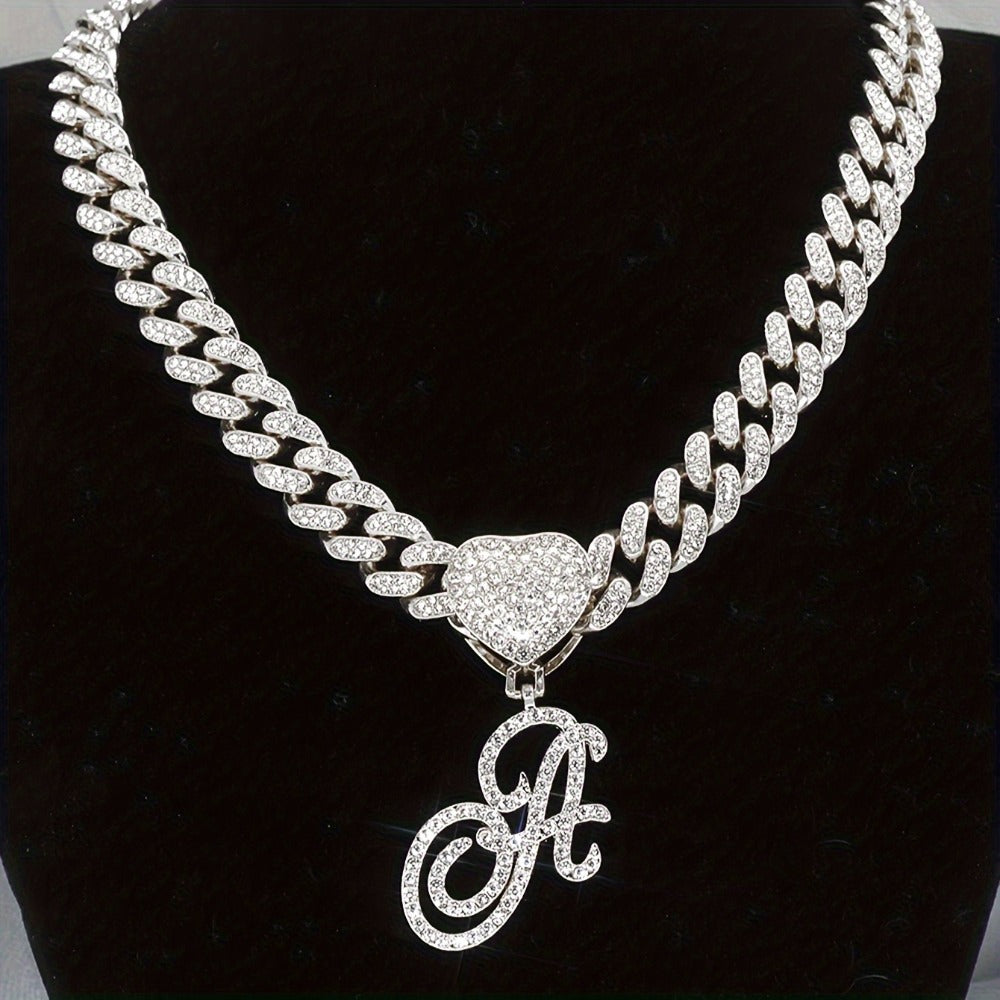 Cuban Link Chain Necklace - Initial Letter Heart Shaped Pendant Silver Personalized Alphabet for Women - product detail view
