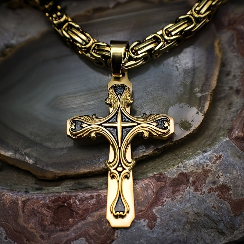 Cuban Link Chain Necklace - Set 2-Piece 316L Stainless Steel Vintage Zircon Bead Men's , Steel & Gold - product detail view