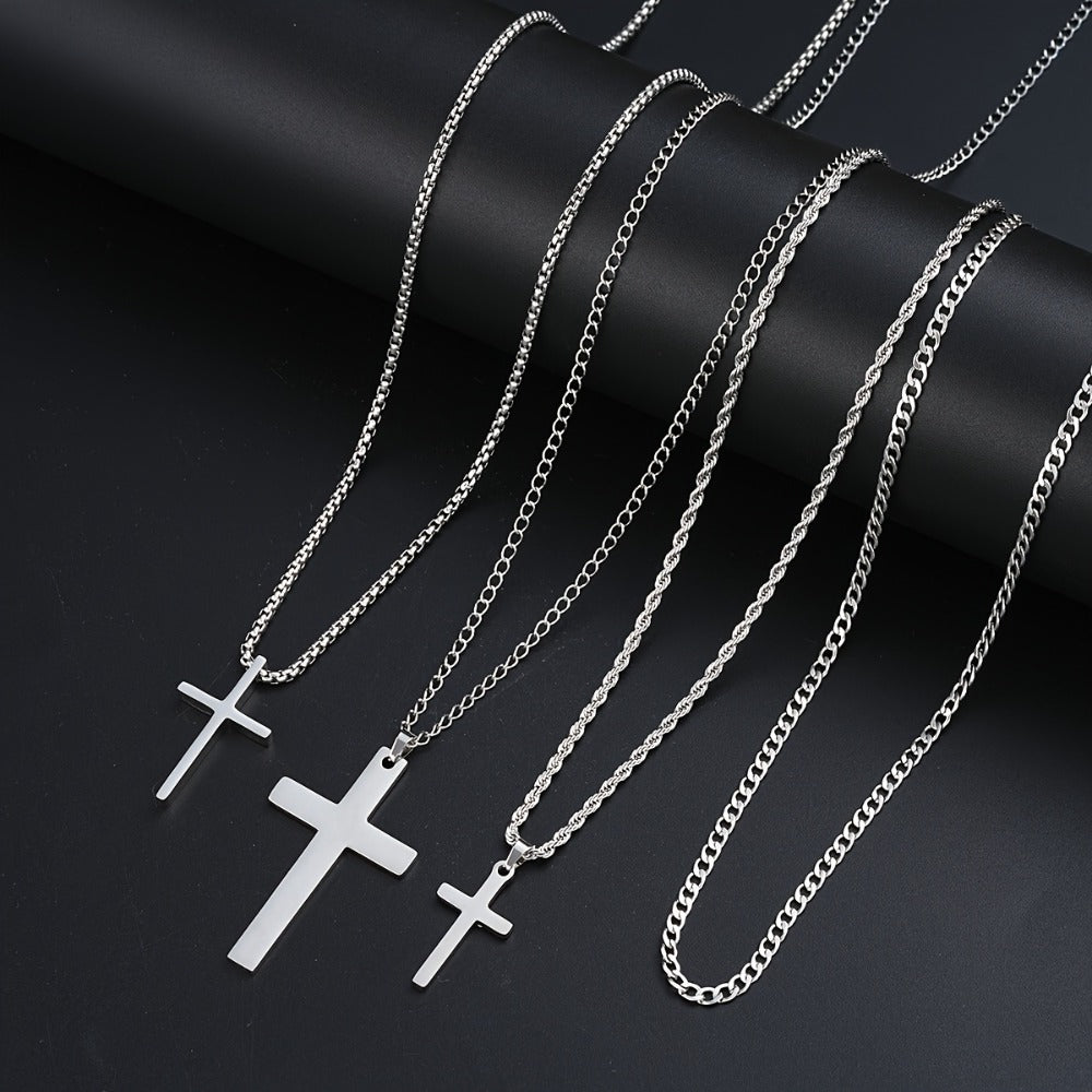 Cuban Link Chain Necklace - Set 4pcs for Men - Stainless Steel Cross Pendant Twisted , Hip Hop - product detail view 5