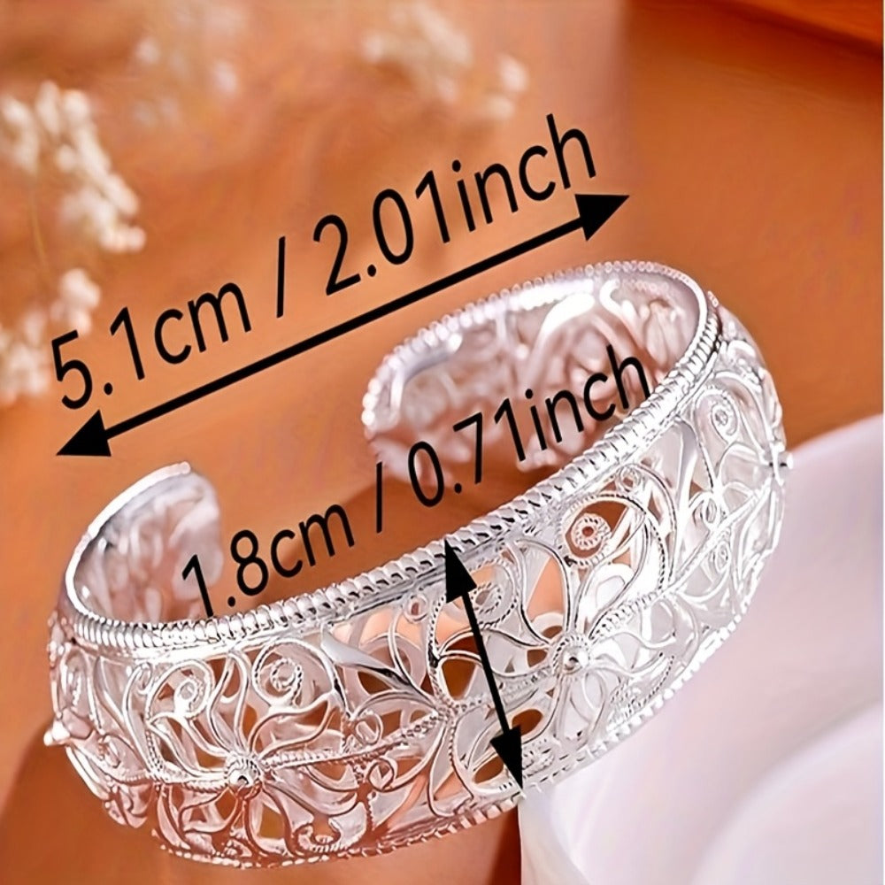 Cuff Bracelet - 925 Sterling Silver Open Adjustable Floral Bangle Hypoallergenic Elegant - product detail view 8