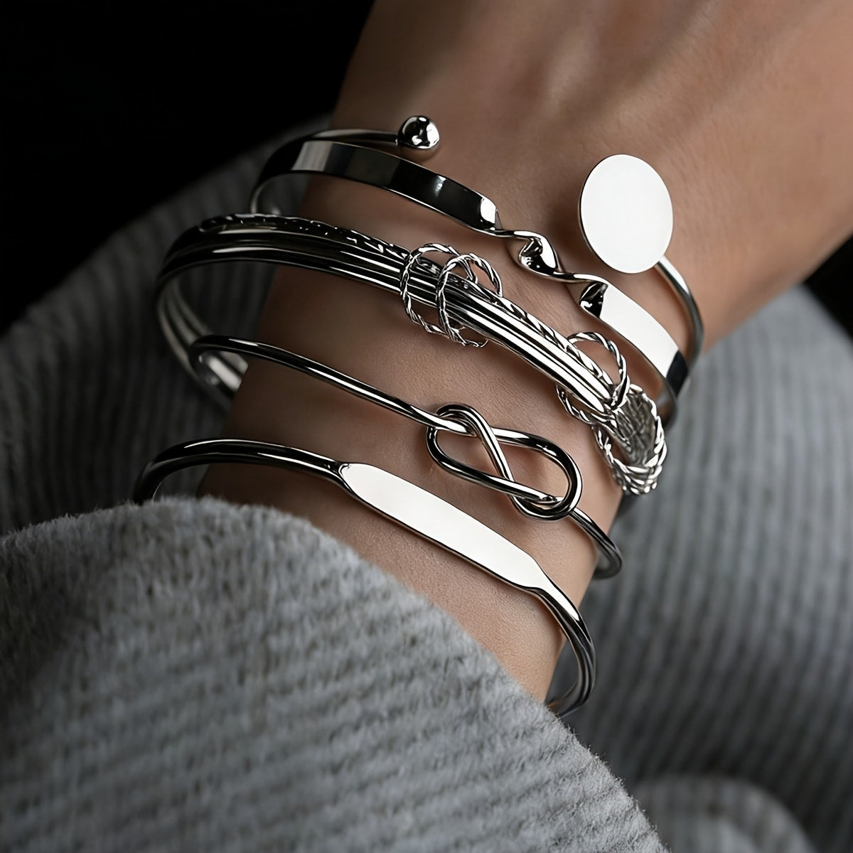 Cuff Bracelet - Chunky Bangle Set 5pcs Geometric Twisted Texture Metal Wide Stacking - product detail view 15
