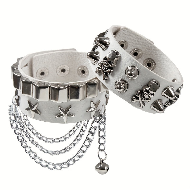 Cuff Bracelet - Men's Wide PU Leather Multilayer Skull Rivet Punk Hip Hop Wristband Zinc - product detail view 9