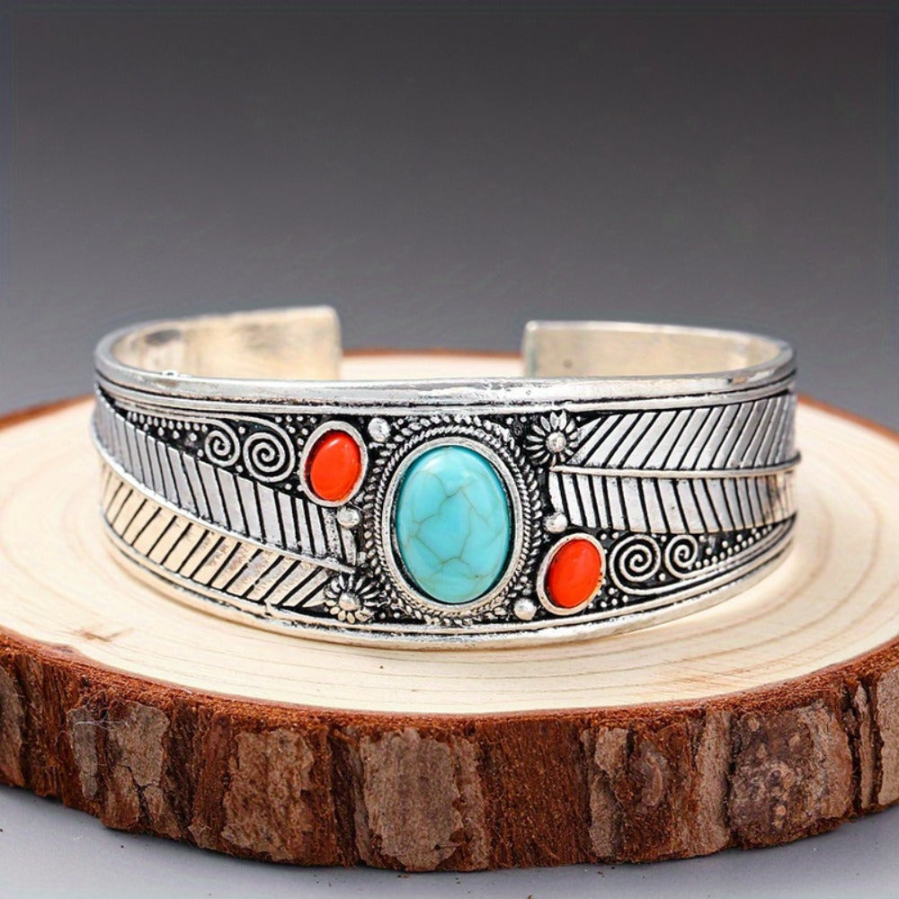 Cuff Bracelet - Turquoise Vintage Ethnic Style Adjustable Opening Silver Imitation - product detail view 9