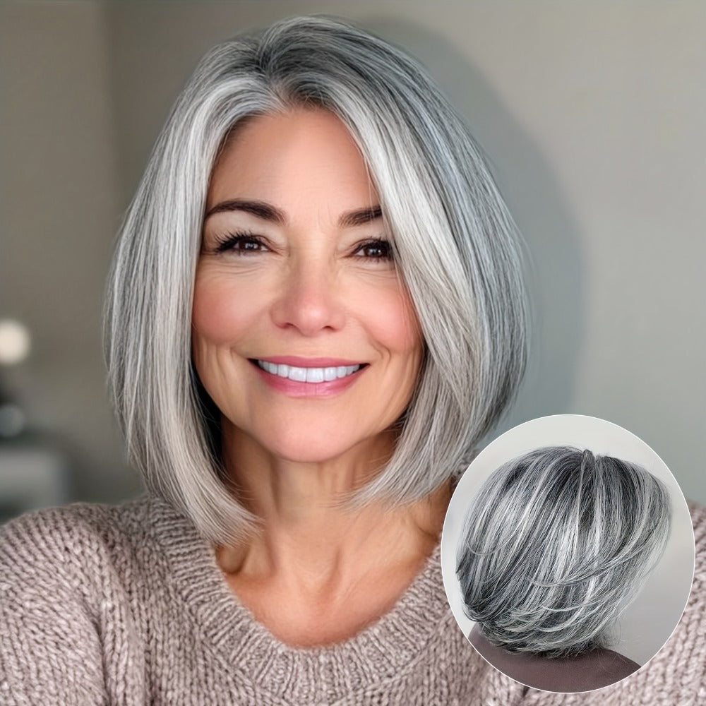 Curly Wig - Grey Layered Bob with Curtain Bangs for Women - 12 Inch Short Wavy - product detail view 7