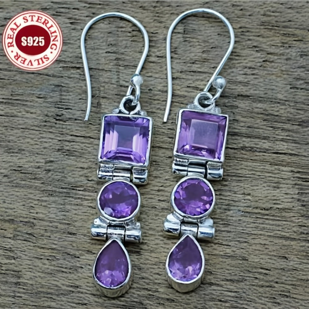 Dangle Earrings for Women - Amethyst Drop for 925 Silver Retro Three Stone , Lightweight Long Style - product detail view 9