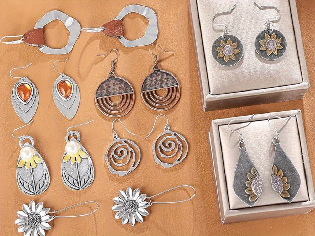 Dangle Earrings for Women - Boho Earring Set 9 Pairs Wood Leather Geometric Circular Sunflower Drop - product detail view 12