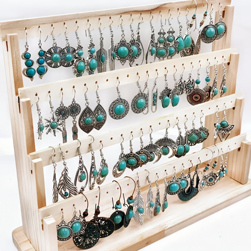 Dangle Earrings for Women - Boho Set for 24pcs - Retro Turquoise Leaf Heart Teardrop Pendant - product detail view 7