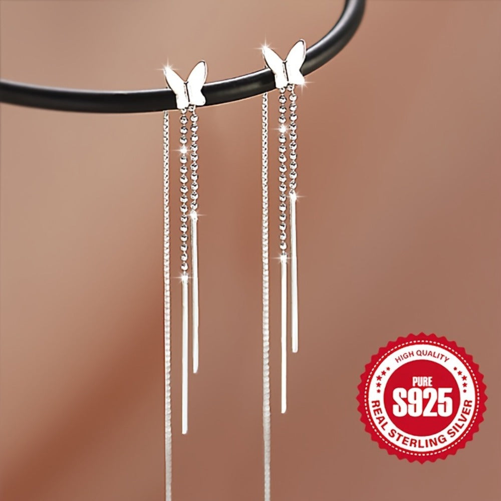 Dangle Earrings for Women - Butterfly Tassel S925 Sterling Silver Hypoallergenic Drop for Elegant Cute - product detail view