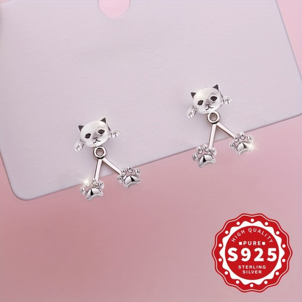 Dangle Earrings for Women - Cat Paw S925 Sterling Silver Hypoallergenic Cute Cartoon Design for Girls - product detail view