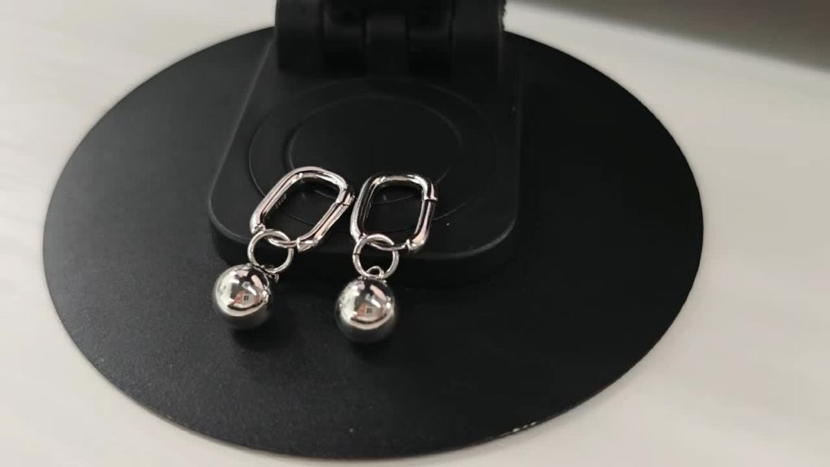 Dangle Earrings for Women - S925 Sterling Silver Round Bead Pendant for - Geometric Glossy Large Ball - product detail view 7