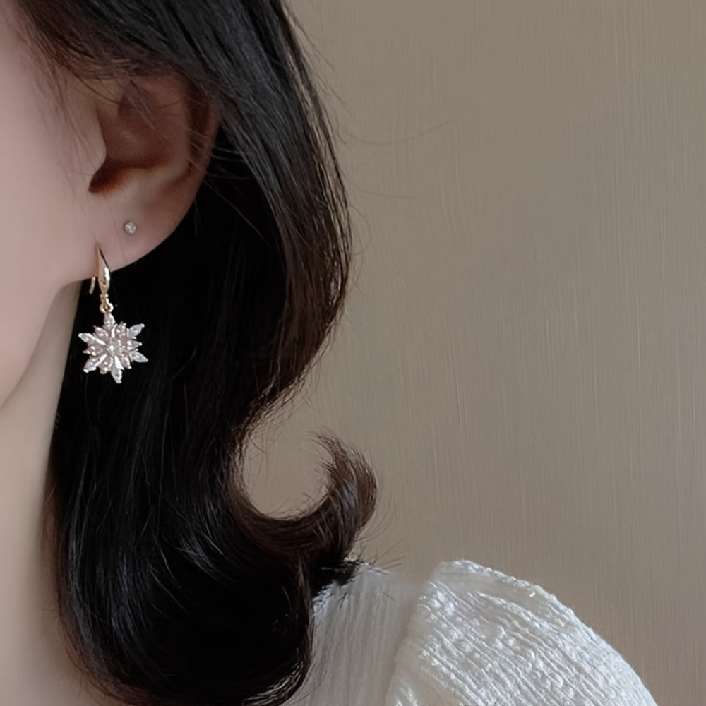 Dangle Earrings for Women - Sterling Silver Snowflake Pink Glass S925 Elegant Drop for Girlfriend - product detail view 5