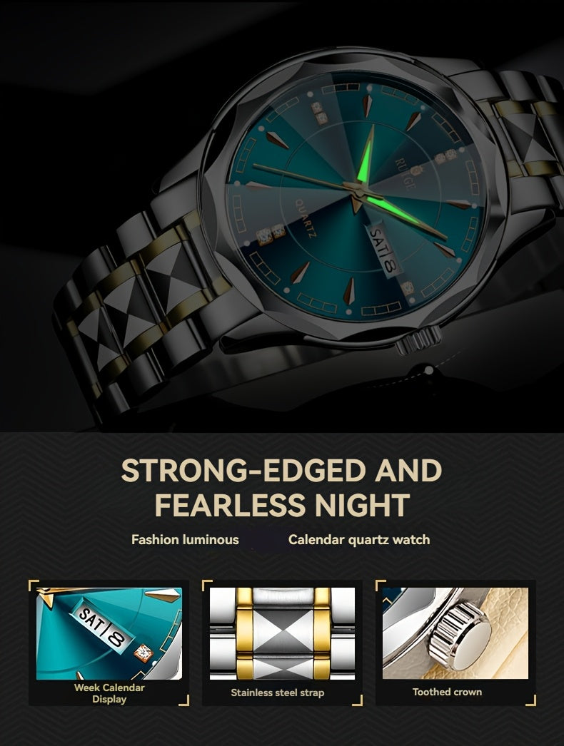 Men's Quartz Watch with Dual Calendar & Night Light | Diamond Shaped Mirror, Stainless Steel Case, Alloy Strap, Business Casual Wristwatch – Ideal Father's Day Gift