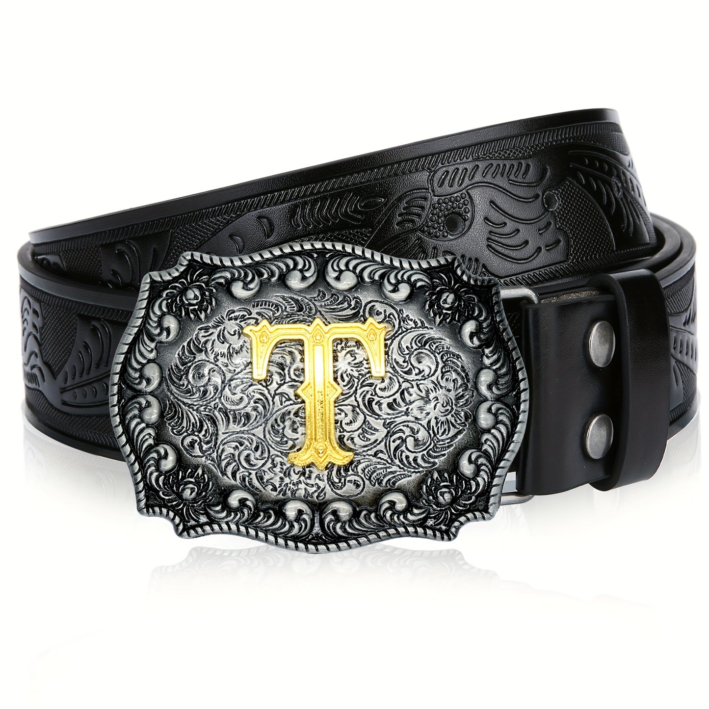 Western Belt for Men - Embossed Floral Cowboy Belt, Longhorn Bull Pattern Big Buckle, Faux Leather, Sizes 34-44, 23 Colors, Stylish & Durable