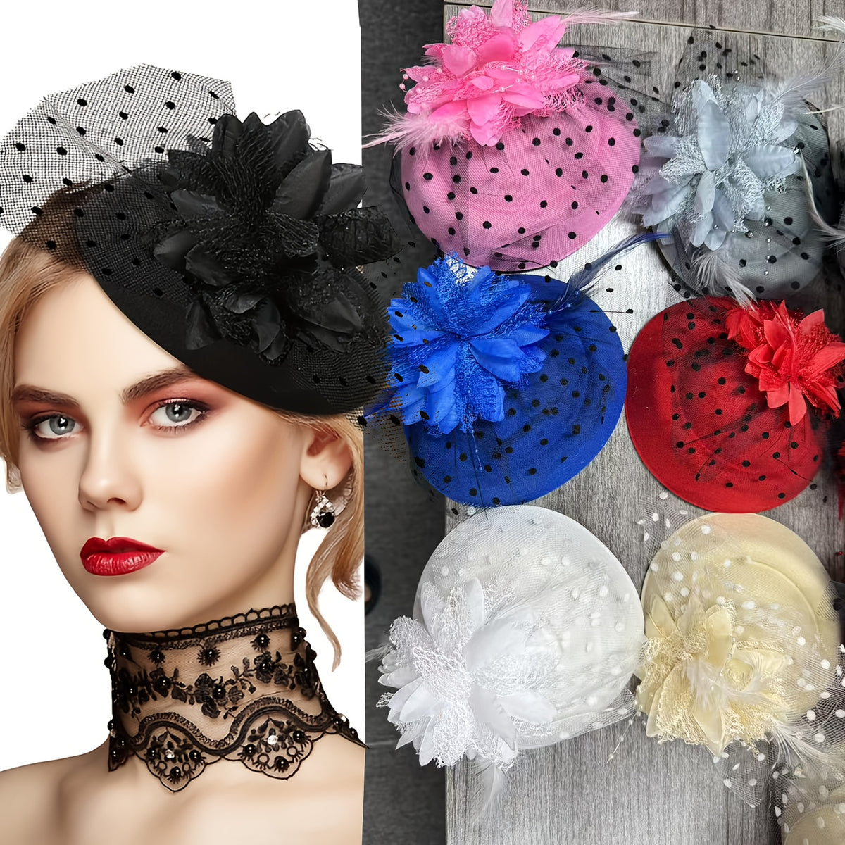 Fascinators & Mini Hats - Fascinator Set of 6 Feather Pillbox Hat with Clip Veil Flower for Women - product detail view 12