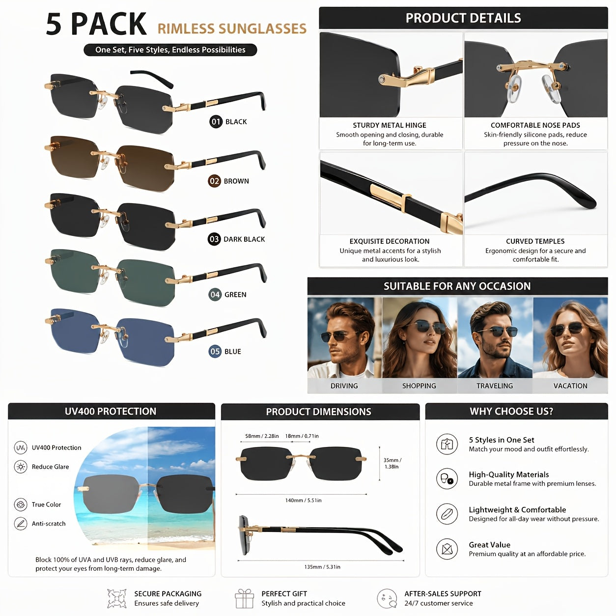 Frameless Sunglasses Set 5 Pack - Metal Rimless Oval Lens UV Protection Lightweight Vintage Fashion Eyewear Men Women Summer Party Gift