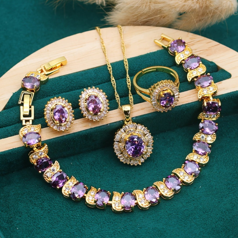 Gold Jewelry Set for Women - Gold-Tone Green CZ, 5 Coordinated Pieces - product detail view 9