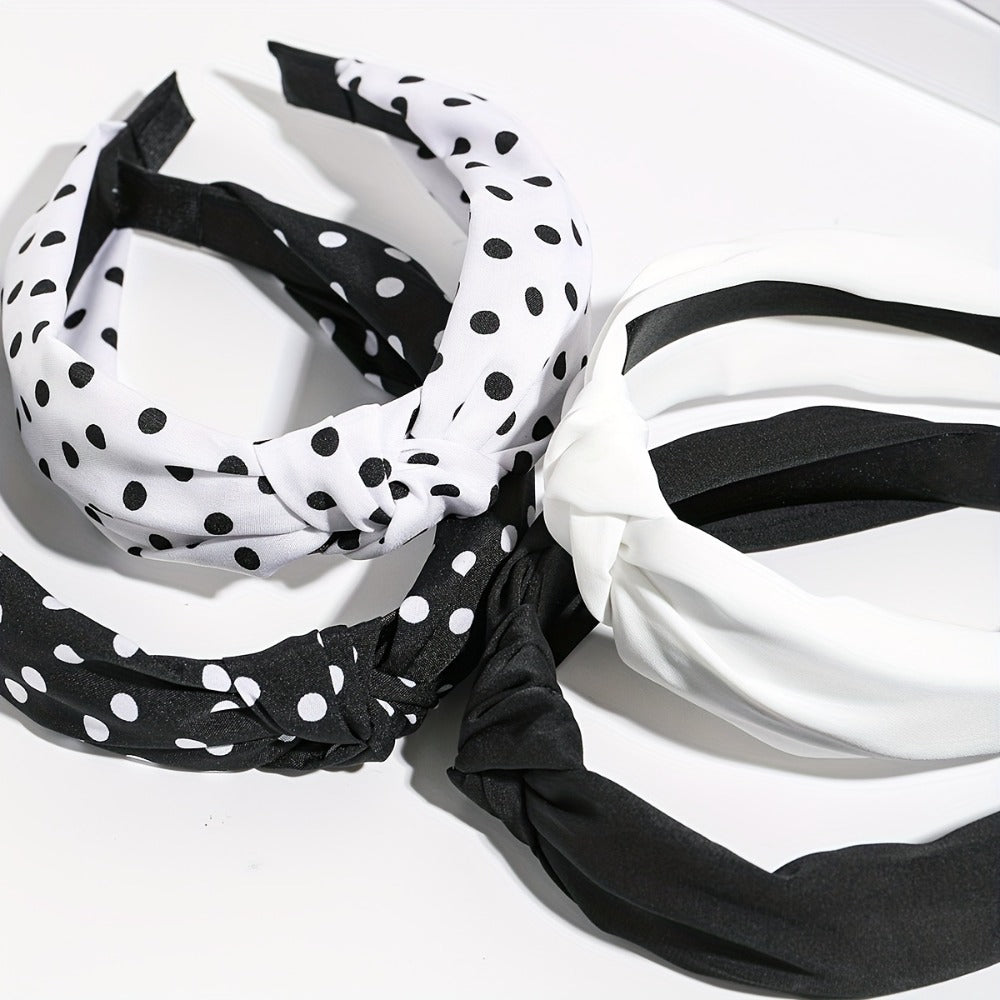 Headband for Women - Knotted for 4 Pack Wide Brimmed Polka Dot Hair Bands, Black & White Retro - product detail view 8
