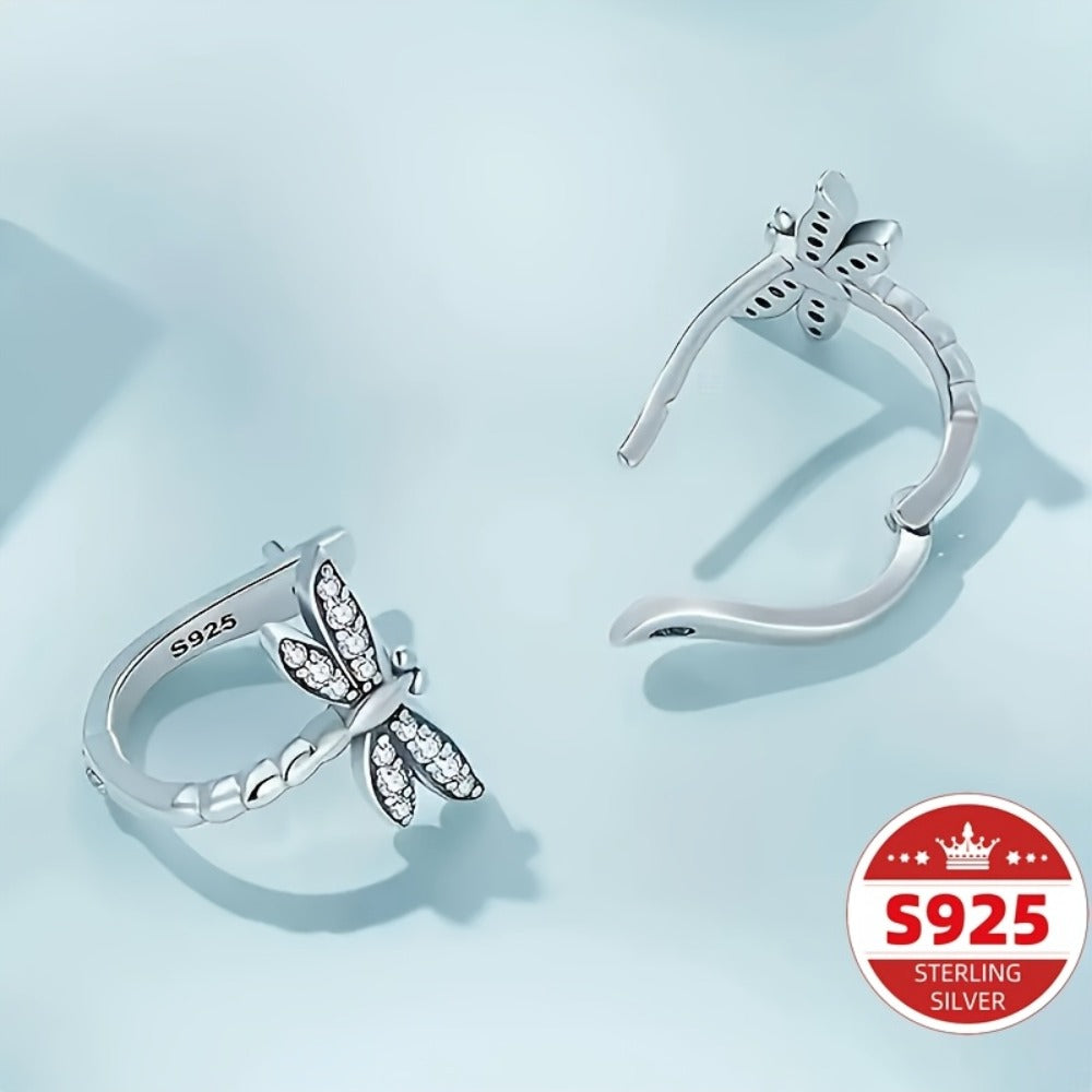 Hoop Earrings for Women - Dragonfly S925 Sterling Silver - Zirconia Inlaid Cute Nature Inspired - product detail view 5