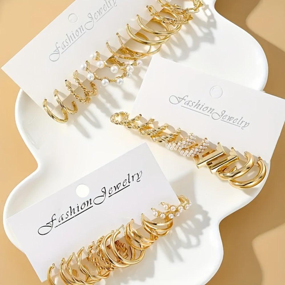 Hoop Earrings for Women - Set 18 Pairs Imitation Pearl, Heart, Twisted & Geometric Mixed Styles for - product detail view 5