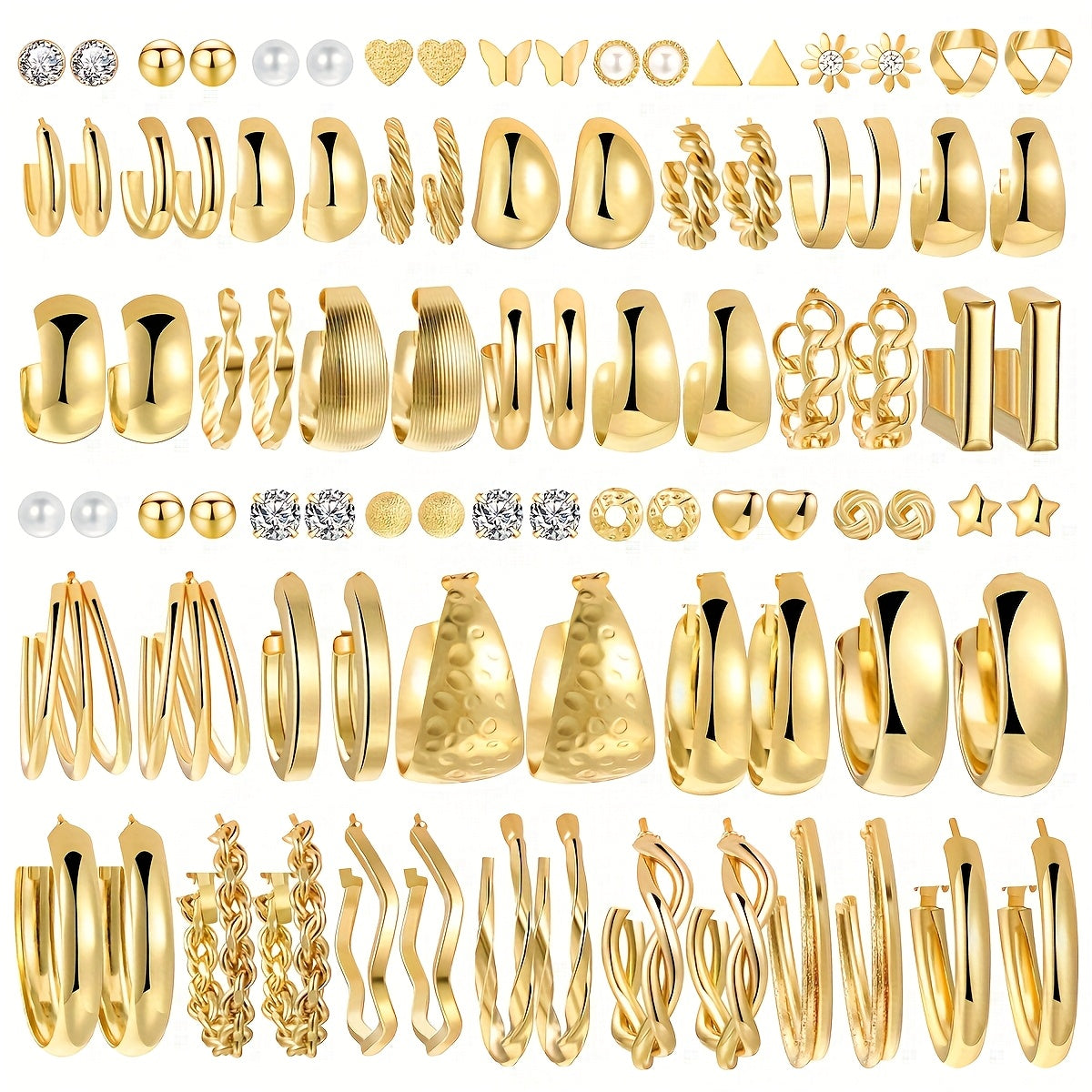 Hoop Earrings for Women - Set 90pcs for Vintage Pearl Geometric Heart Butterfly Star Twisted Wide - product detail view 13