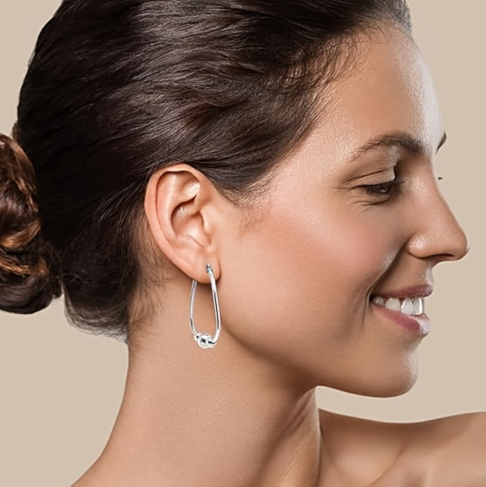Hoop Earrings for Women - Sterling Silver Bead for - S925 Three-Bead Ring Drop 18mm, Elegant Pendant - product detail view 7