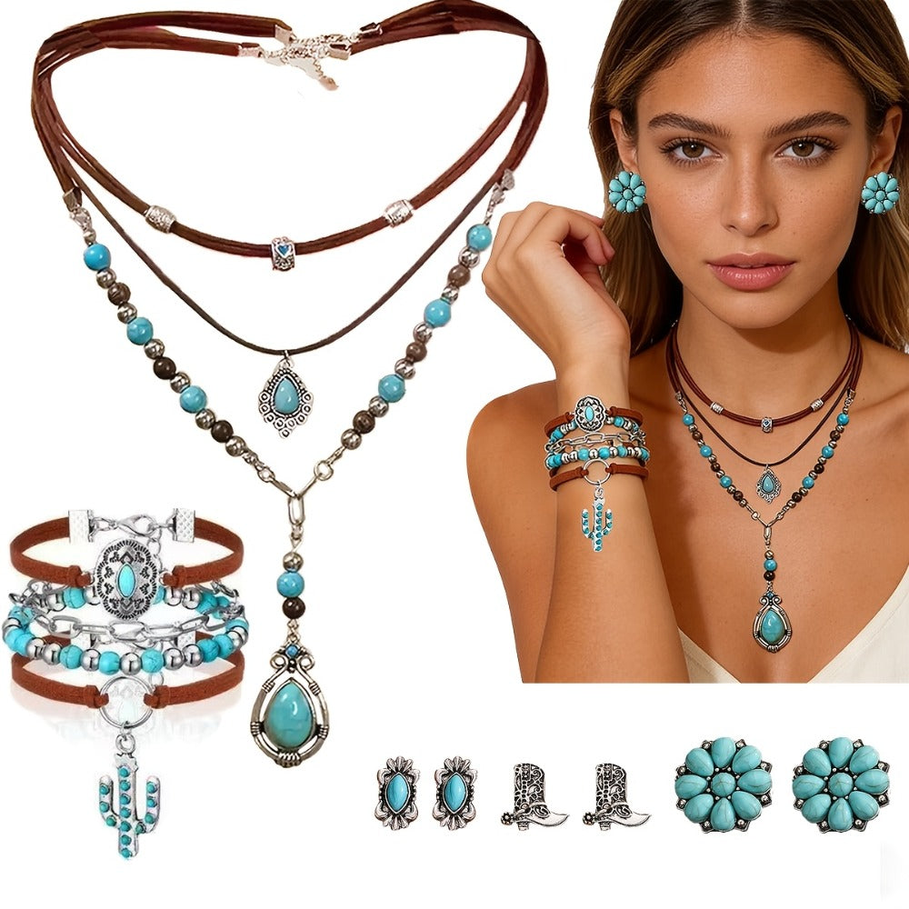 Jewelry Set for Women - Boho Western Necklace 8 Pieces - Turquoise Stone & Cactus Flower Pendant - product detail view 6