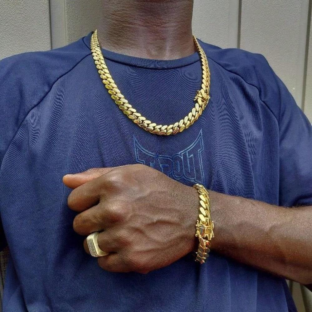 Jewelry Set for Women - Gold Cuban Link Chain Necklace Bracelet Men 18K Gold Plated 10mm Stainless - product detail view 7