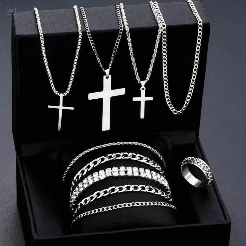 Jewelry Set for Women - Stainless Steel Cross 10 Pieces Rhinestone Necklace Bracelet Ring for Men - product detail view 10