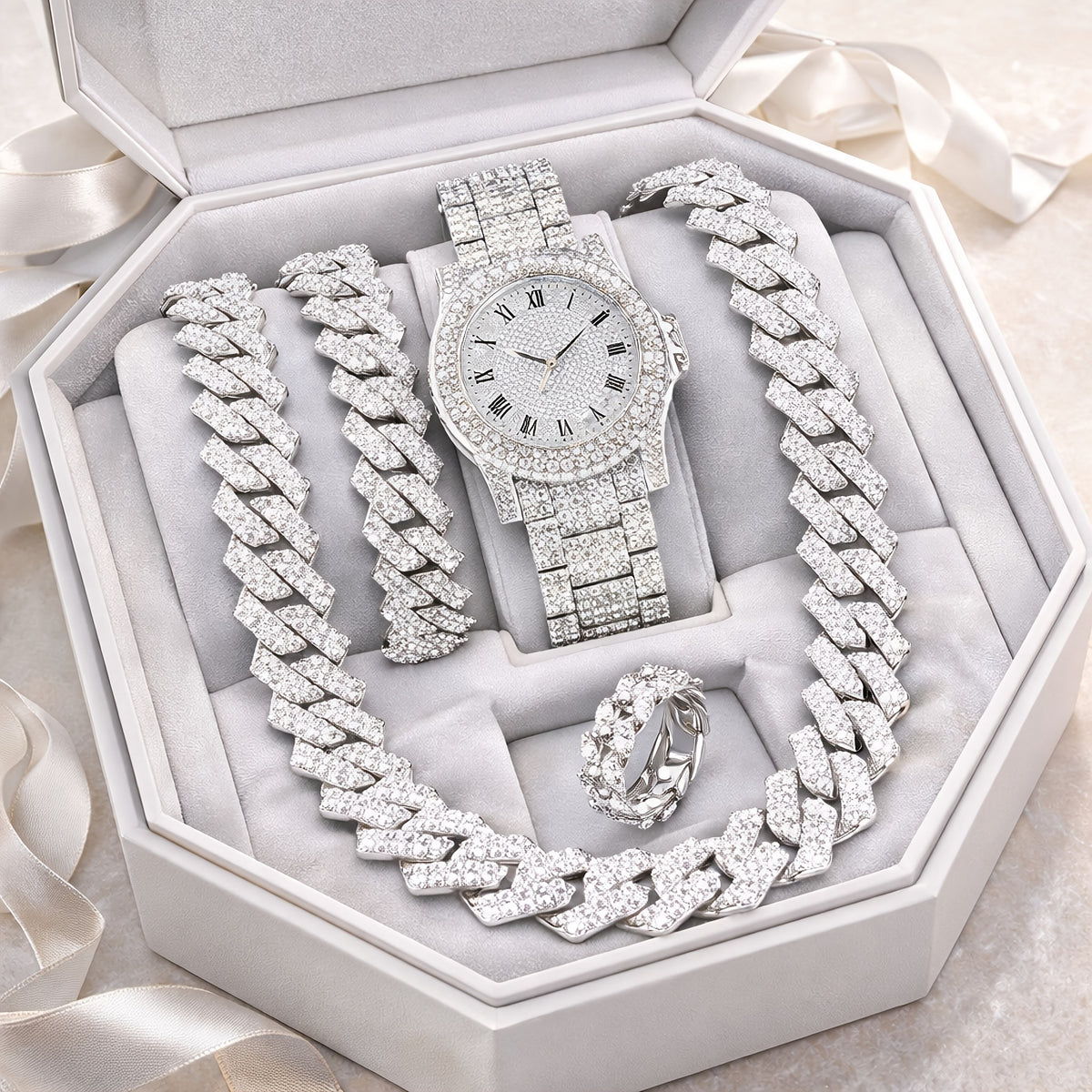 Jewelry Set with Watch - Cuban Link Bracelet and Gift for Men Luxury Statement Gold Silver Concert - product detail view 10