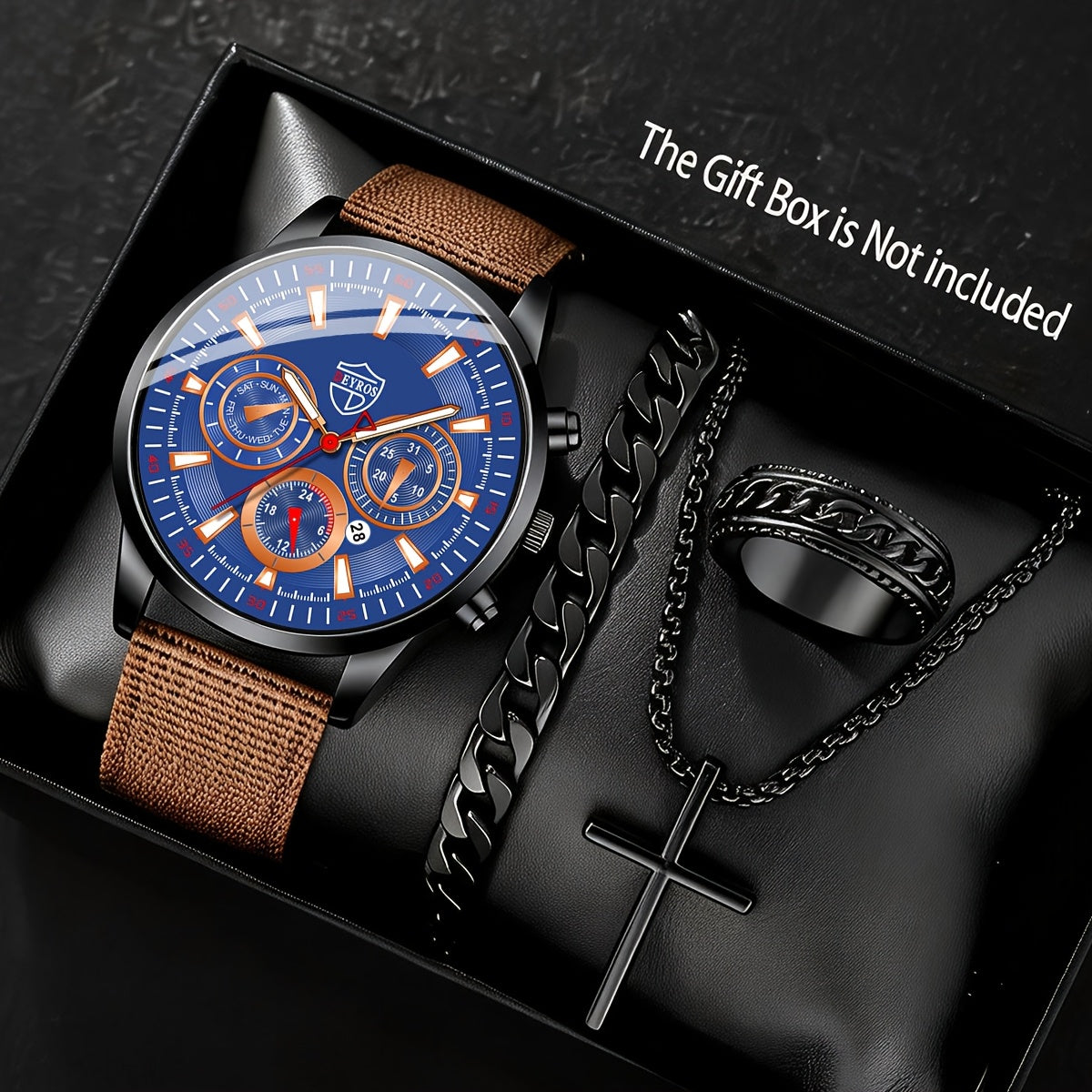 Jewelry Set with Watch - Men's 4-Piece Vintage & Square Dial Quartz , Necklace, Bracelet & Ring - product detail view 11
