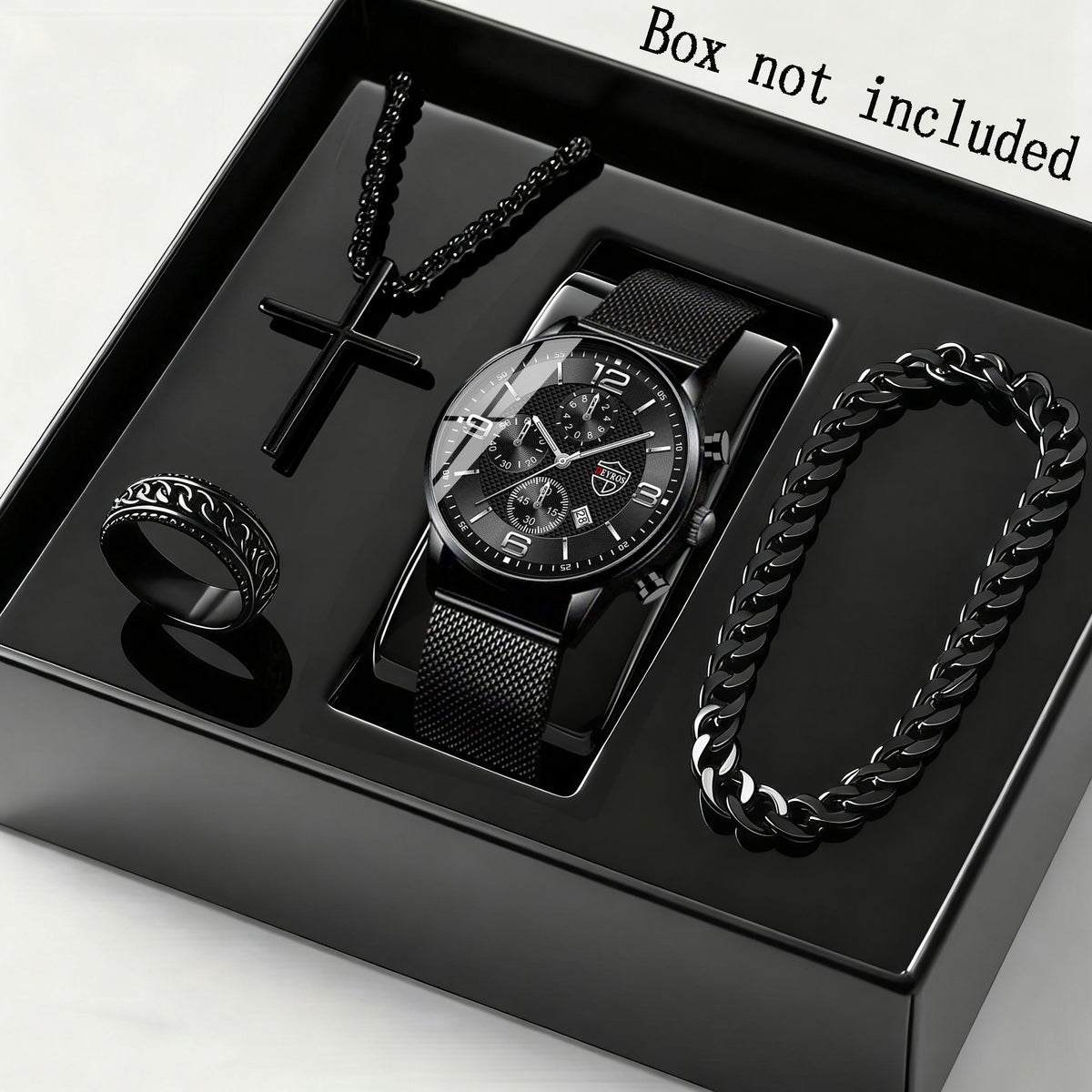 Jewelry Set with Watch - Men's & Gift 4-Piece Quartz Date , Stainless Steel Bracelet & Necklace - product detail view 14