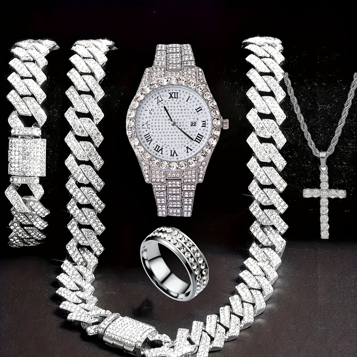 Jewelry Set with Watch - Men's Hip-Hop & Waterfall Chain Sparkling Bracelet & Necklace Combo, 3pcs - product detail view 12