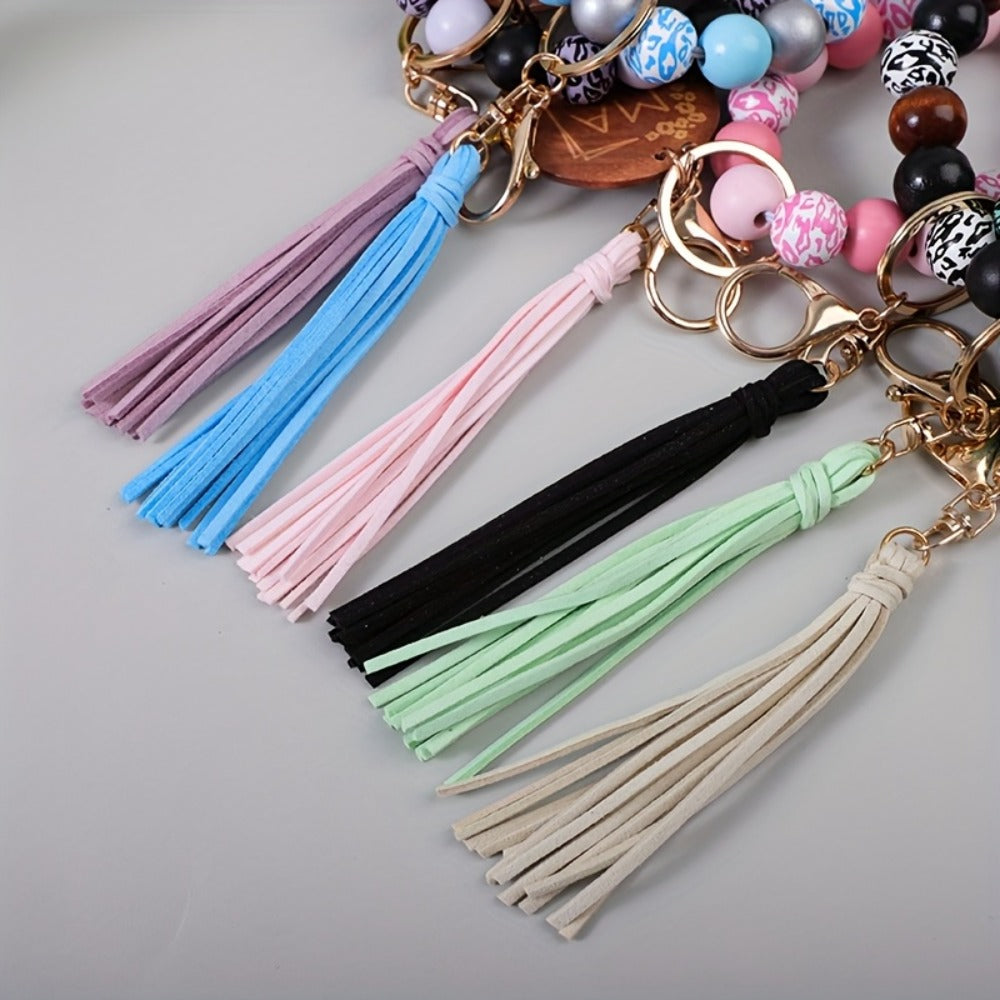 Keychain - MAMA Wooden Bead Set 6pcs Printed Wood Plaque Charm with Tassel & Wrist - product detail view 10