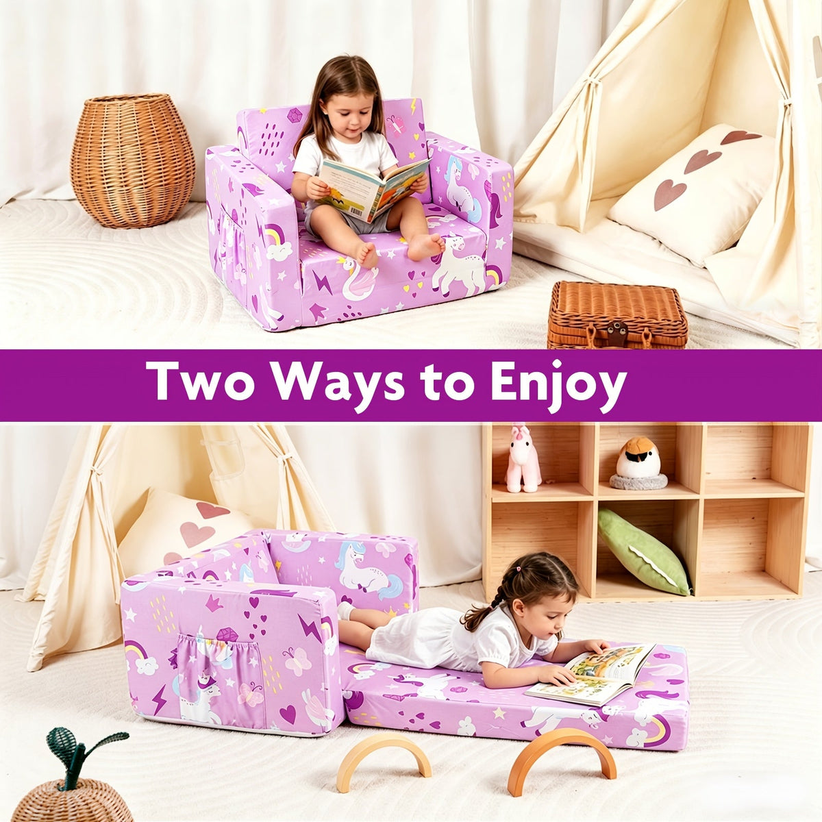 Kids Fold-Out Sofa - 2-in-1 Toddler Reading Lounger – view 8