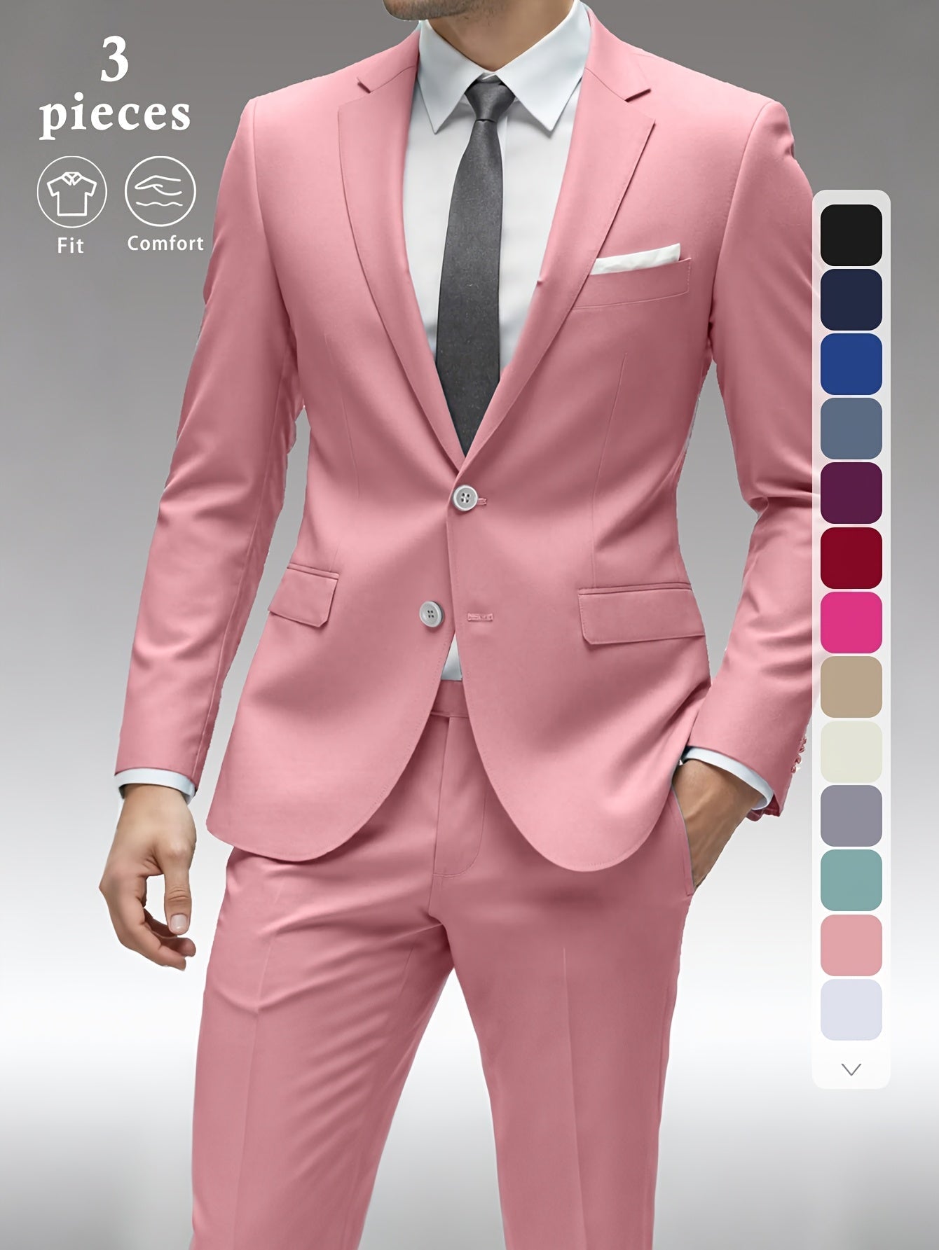 Men's Three-Piece Formal Suit - Slim Fit Solid Color – view 33