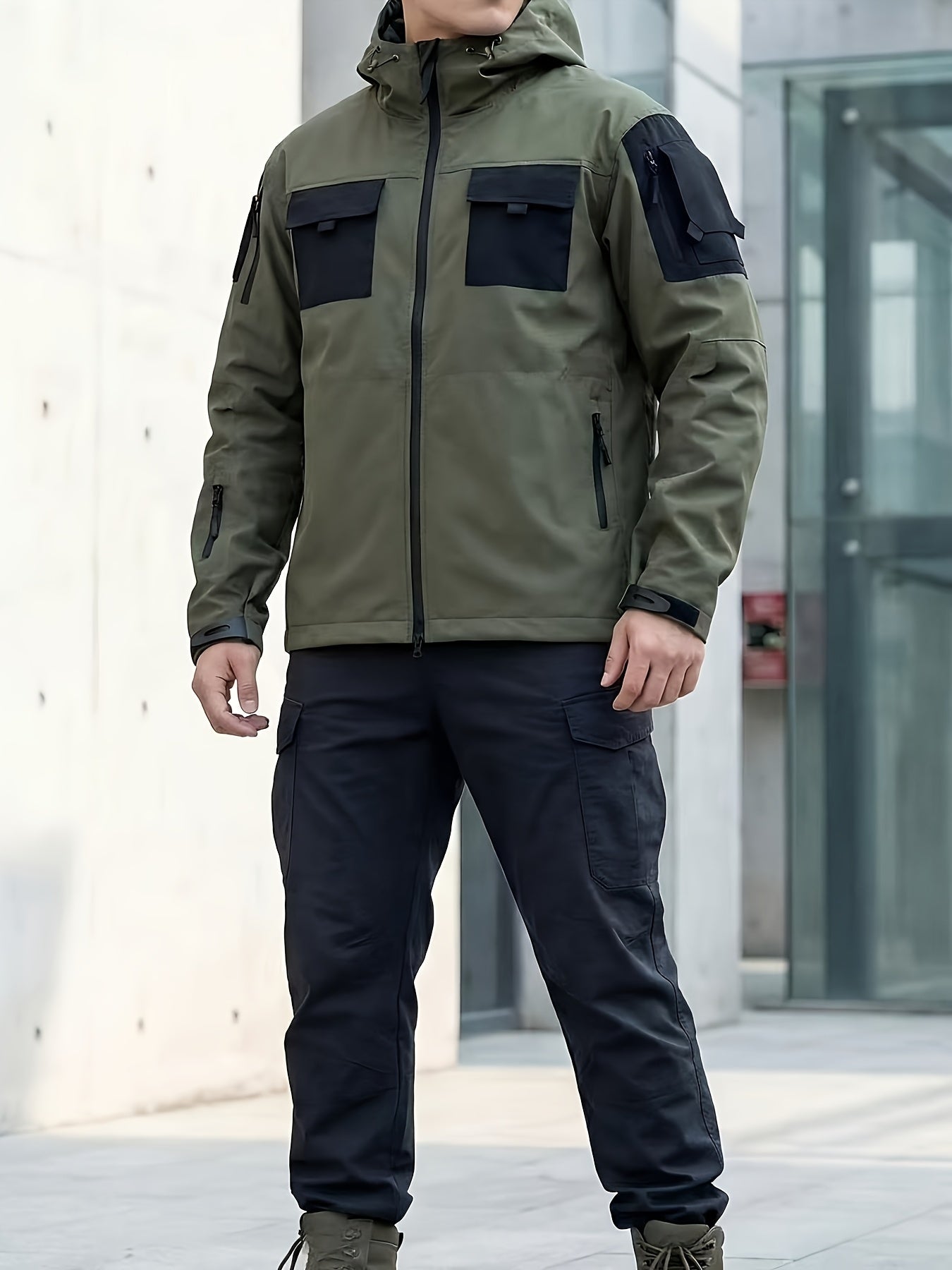 Men's Windproof Zip-Up Coat – Black / Grey – view 16