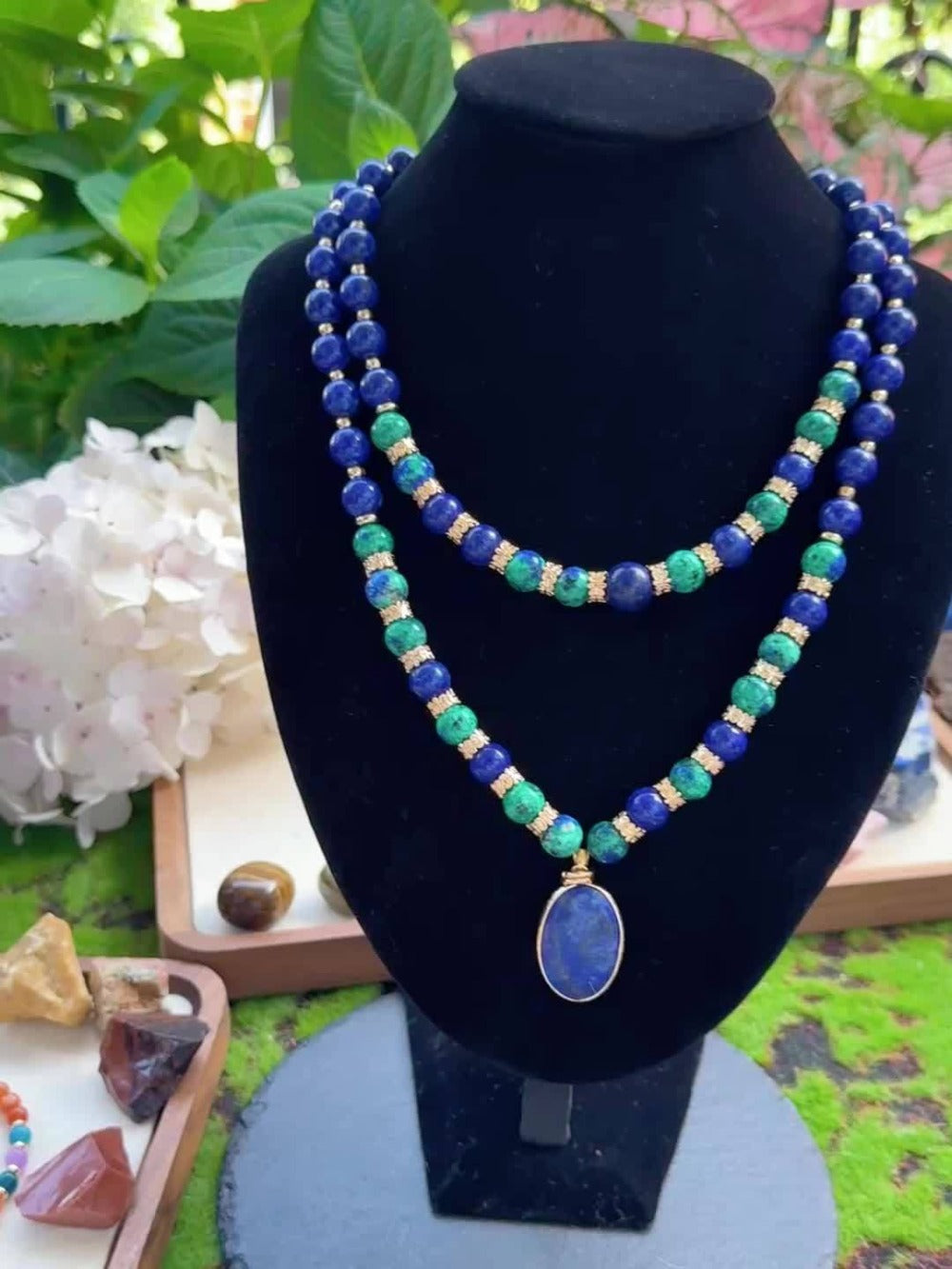 Necklace for Women - Lapis Lazuli Set 2pcs - Natural Stone Phoenix Double Layer Boho , Blue - product detail view 6