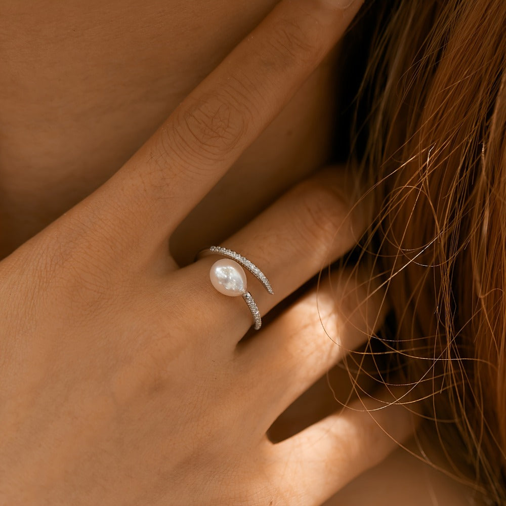 Pearl Ring for Women - 925 Silver Pearl Bypass, Crystal Accent - product detail view 10