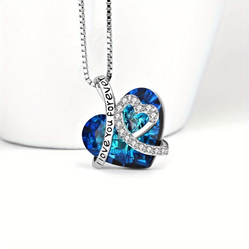 Pendant Necklace - 925 Sterling Silver Heart - Blue Crystal I Love You Forever Engraved - product detail view 9