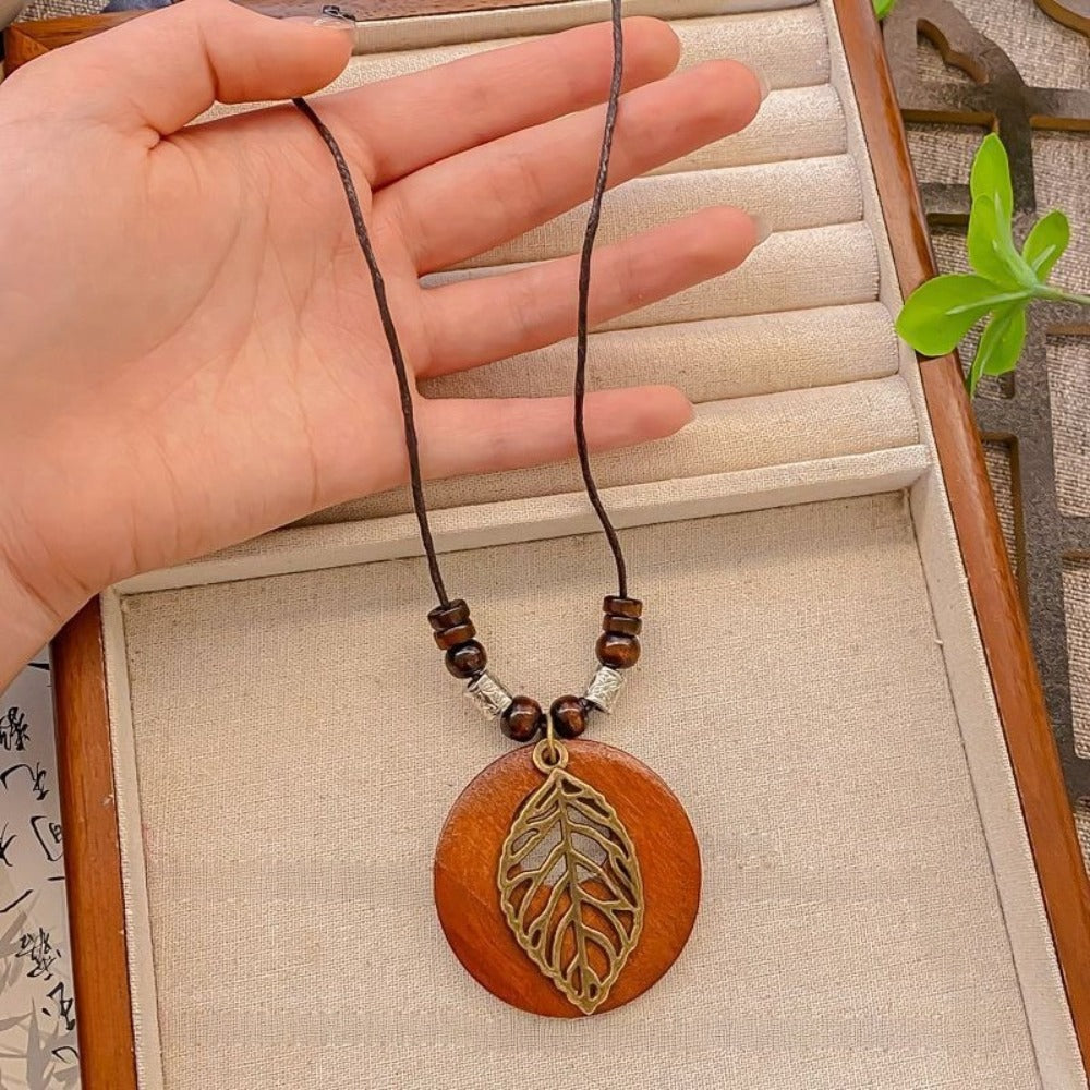Pendant Necklace - Bohemian Set for Women 4pcs Wood & Alloy Butterfly Leaf Bead Disc Charms - product detail view 8