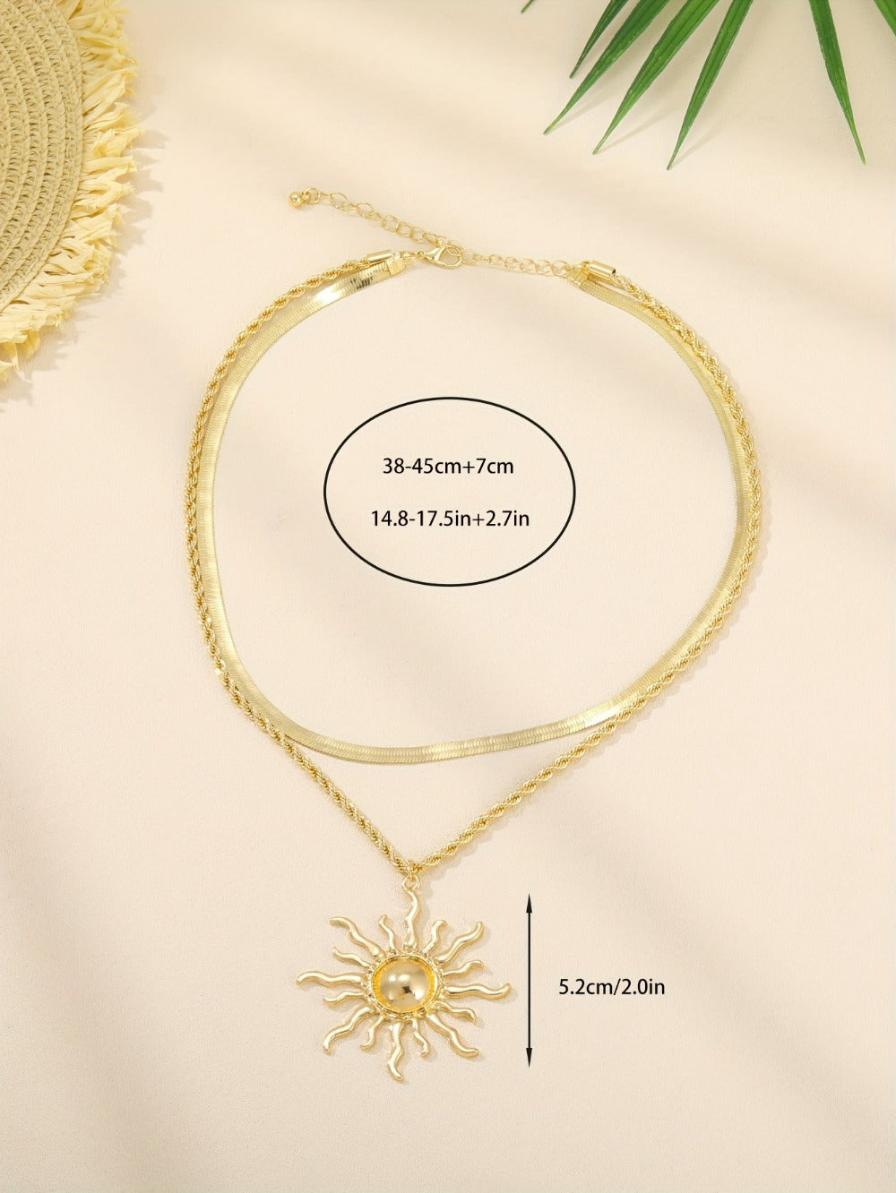 Pendant Necklace - Double Layer Snake Chain with Sun Flame Boho Gold Copper Layered Jewelry - product detail view 11
