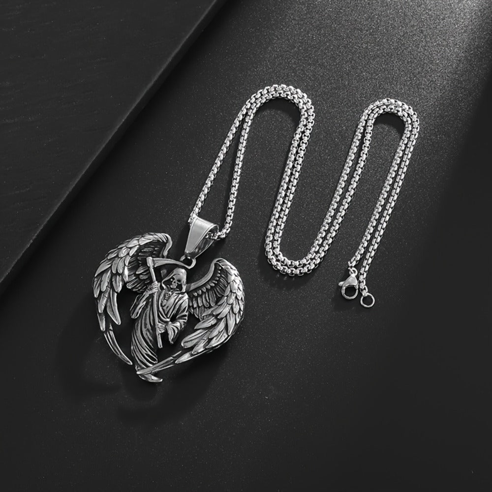 Pendant Necklace - Gothic Skull Wings Reaper Men 316L Stainless Steel Heavy Duty Punk Jewelry - product detail view 8