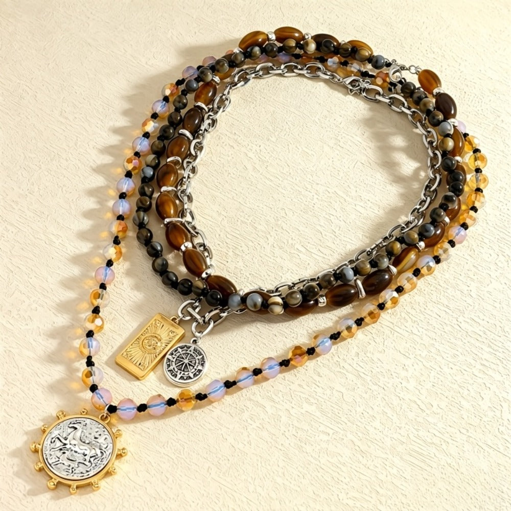 Pendant Necklace - Layered for Women Boho Vintage - Tiger's Eye Beaded Multi-Layer Stackable - product detail view 6