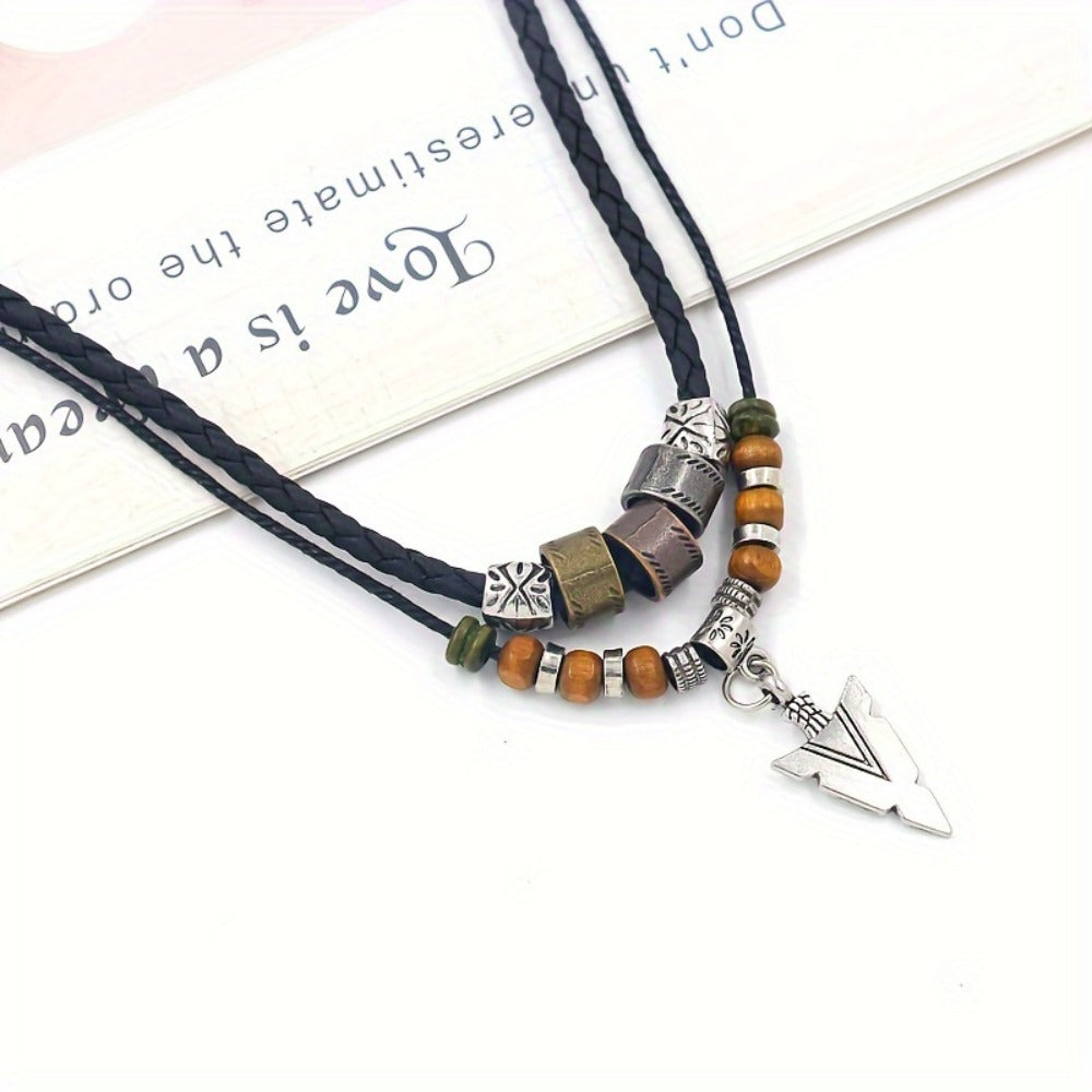 Pendant Necklace - Men's Tribal Arrow Vintage Layered Rope Bead Chain Boho Beaded Jewelry - product detail view 9