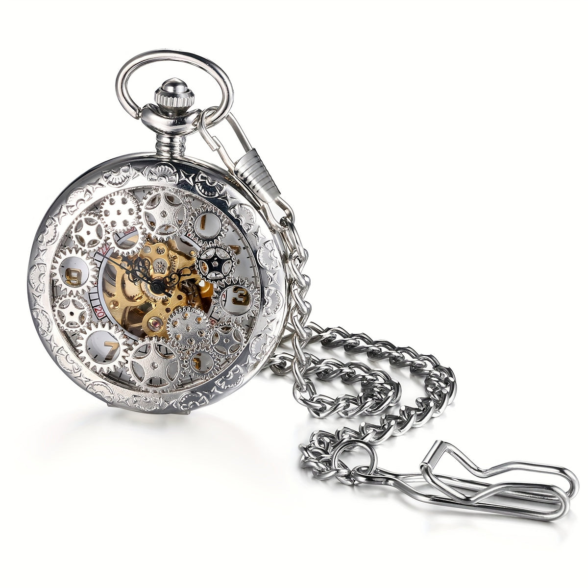 Pocket Watch - Men's Steampunk Skeleton JewelryWe Hollow Gear Hand Wind Mechanical Retro - product detail view 11