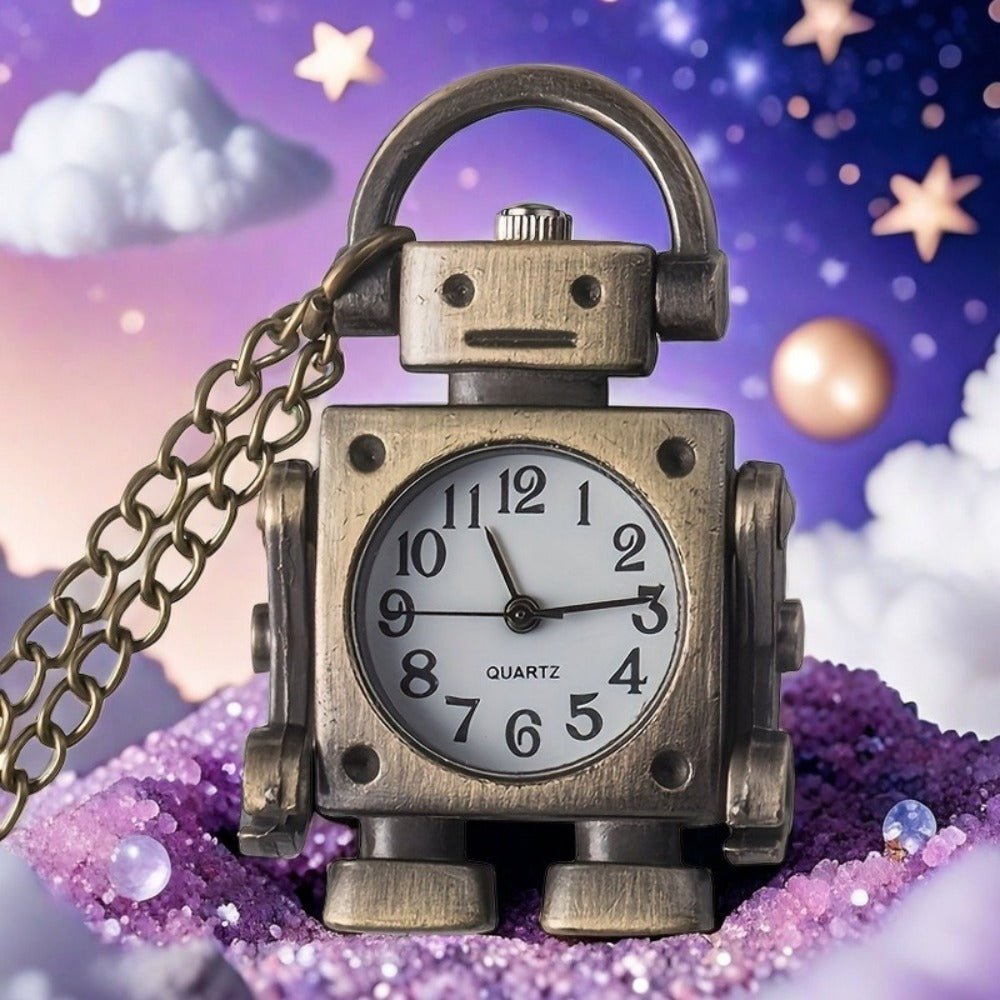 Pocket Watch - Vintage Robot with Keychain Retro Round Dial Quartz Pendant , Cute Bag - product detail view 8